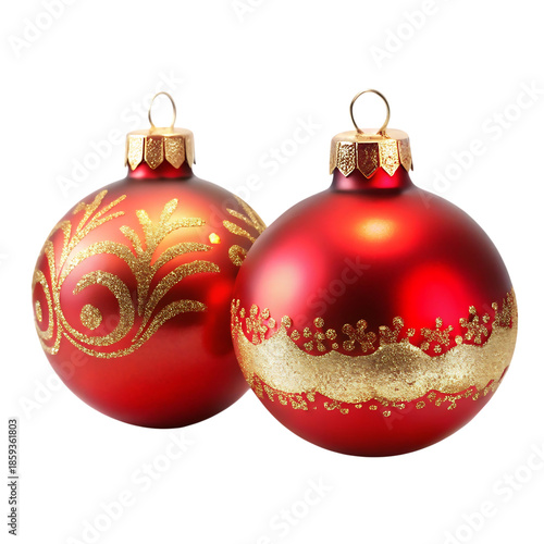 Two ornate red christmas ornaments with gold detailing perfect for festive designs on transparent