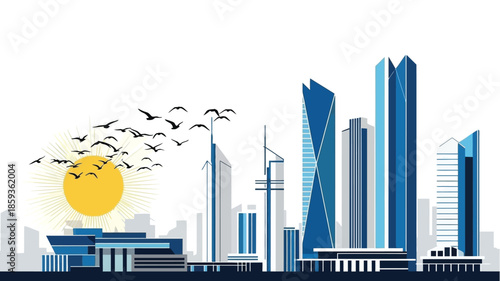 Dynamic urban panorama with contemporary skyscrapers against a vibrant sky, featuring a graceful flock of birds at dawn or dusk, in a modern vector illustration style