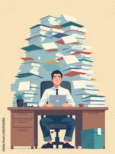 A man sitting at a desk buried under a literal mountain of paperwork. 'Work Stress' concept. Flat vector, humorous exaggeration