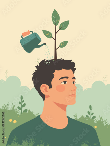 A man watering a small tree growing out of his own head. 'Personal Growth' mindset. Flat vector, green and earth tones