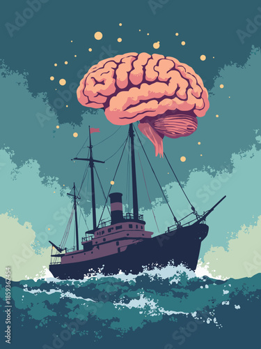 A stylized brain anchoring a ship in a storm. 'Grounding Techniques' concept. Flat vector illustration