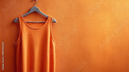 Bright orange tank top hanging against a textured orange wall, creating a vibrant monochromatic scene