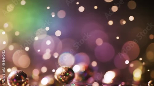 A colorful bokeh background with shiny reflective spheres on a white surface