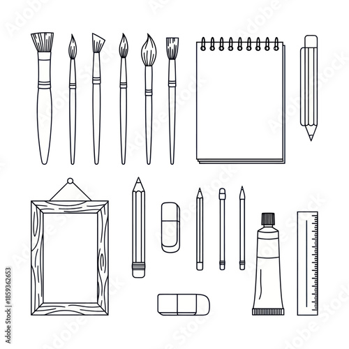 Art Supplies Collection - Brushes, Sketchbook, and Drawing Tools.