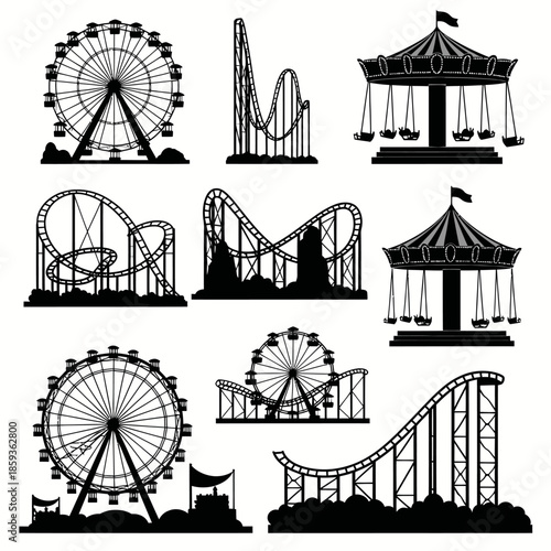 Amusement Park Rides Silhouettes - Ferris Wheels, Roller Coasters, and Swings.