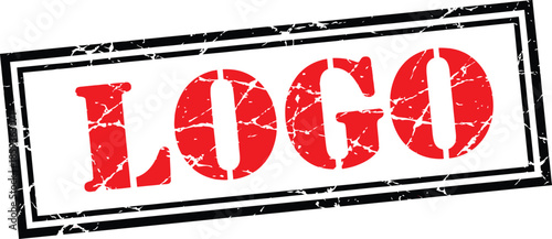 A distressed rectangular stamp displaying the word logo in bold red textured lettering with a black border