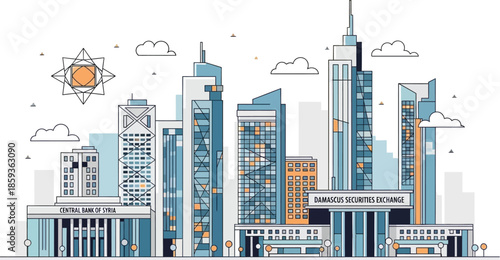 Modern financial district cityscape illustration with contemporary high-rise buildings and diverse urban architecture, presented in a clean minimalist line art vector graphic