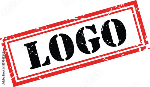 A red rectangular stamp displaying the word logo in bold black capital letters isolated on a white background