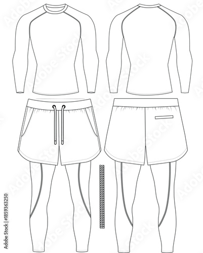 Men Gym Sports Training Outfit Technical Flat Sketch Front and Back View