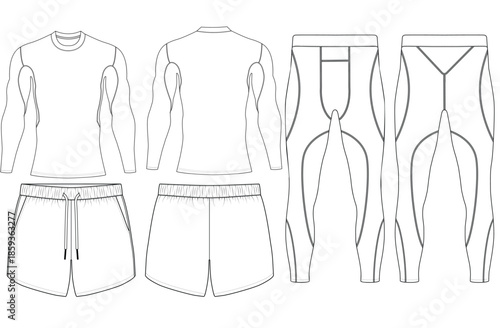 Men Gym Sports Training Outfit Technical Flat Sketch Front and Back View