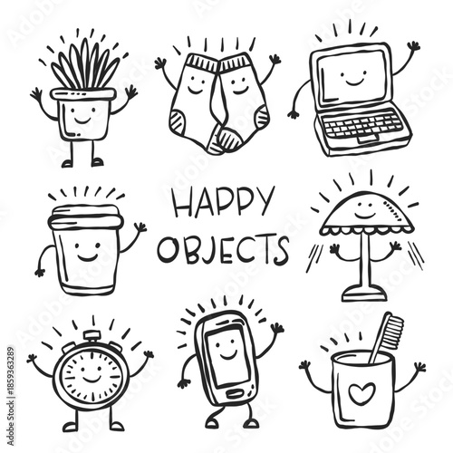 Happy everyday objects doodle vector set, cute hand drawn characters, minimal black and white style