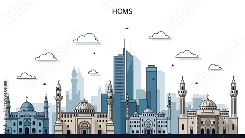 Homs Cityscape Skyline - A Comprehensive Vector Illustration of a City Skyline, Showcasing Distinct Architectural Landmarks and Urban Development