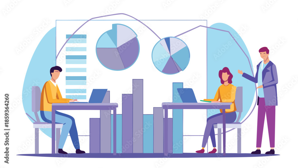 Fototapeta premium Business professionals analyzing data on laptops in modern office, flat vector illustration of teamwork and data analysis