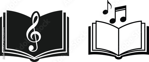 Music Book Icons Set with Treble Clef and Musical Notes Black White Vector
