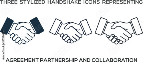 Three stylized handshake icons representing agreement partnership and collaboration in business