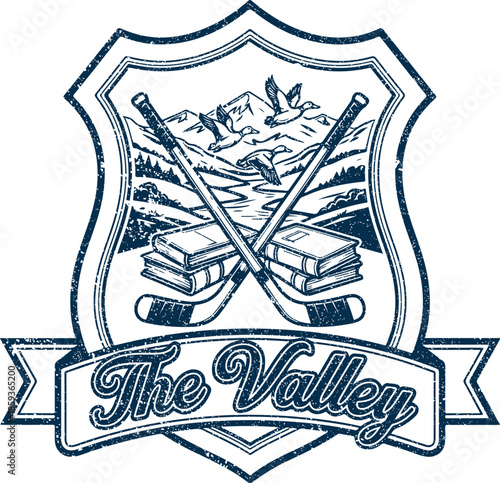 Retro patch of an ice hockey player in the mountains.