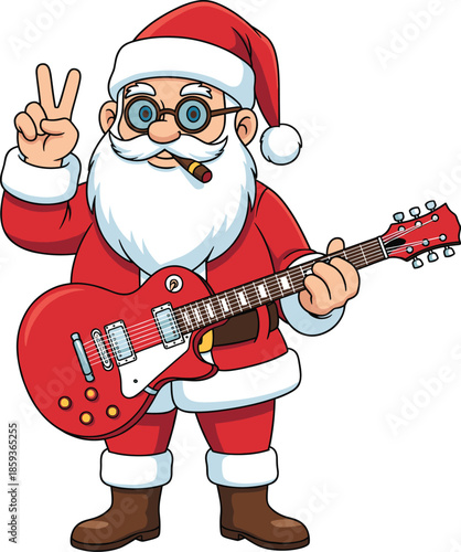 Santa Claus Playing Electric Guitar Showing Peace Sign Cool Rock Christmas Vector Illustration