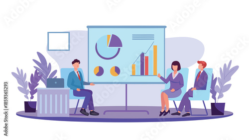 Flat vector illustration of business people sitting in office having corporate presentation with charts and graphs on screen