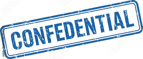 A rectangular blue stamp with the word confidential prominently displayed in bold capitalized lettering on a white background