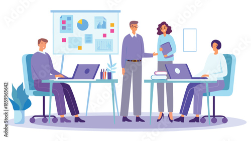 Flat vector illustration of four colleagues collaborating in a modern office with laptops and presentation board