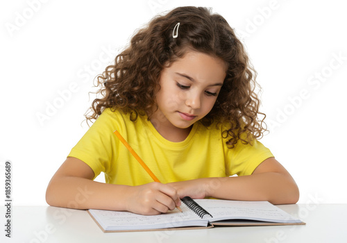 Young girl with curly hair writing in a notebook isolated on transparent background