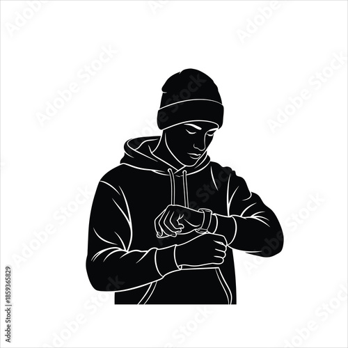 Young man in beanie and hoodie checks watch time vector graphic