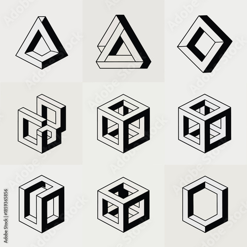 Mind-bending geometric illusions in a grid pattern featuring impossible shapes and paradoxes