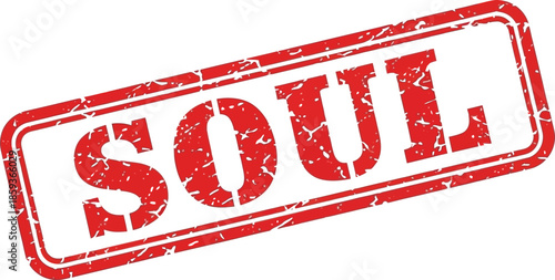 A grunge style red stamp with the word soul prominently displayed within a rectangular border