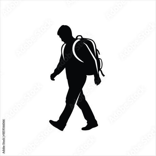 Man with backpack walking forward side view travel vector graphic