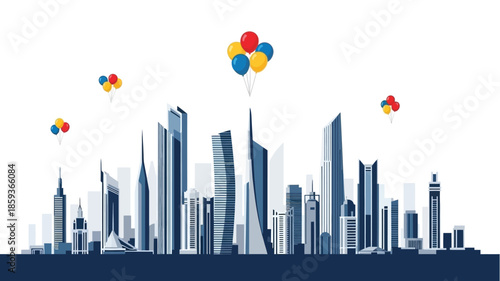 Modern Cityscape with Balloons A Celebration of Urban Life and Progress