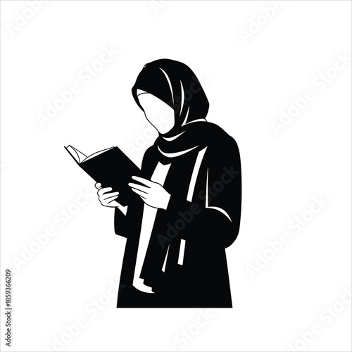 Muslim woman reading a book, black and white silhouette vector