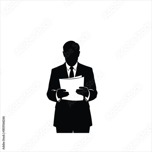 Silhouette of businessman holding papers in suit and tie