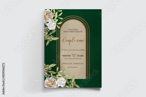 WEDDING INVITATION FRAME WITH FLOWER DECORATIONS AND FRESH LEAVES