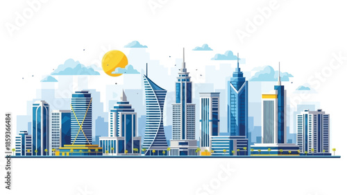 Modern Urban Metropolis Skyline with Diverse Skyscraper Architecture under a Bright Sky, a Dynamic Vector Illustration of Contemporary Cityscape Development
