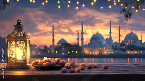 Golden lantern and dates on a table with a mosque skyline at dusk
