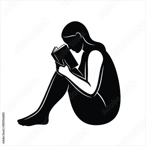 Woman sitting holding book profile silhouette on white background
