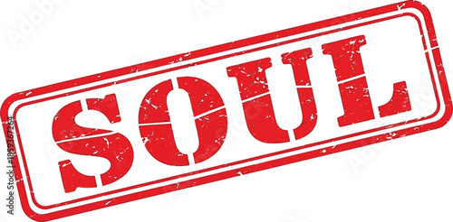 A striking red stamp displaying the word soul in bold uppercase letters against a white background