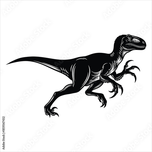 A detailed black silhouette of a raptor dinosaur on white background
