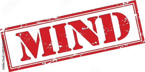 A prominent red stamp displaying the word mind in bold stylized lettering signifies importance and focus