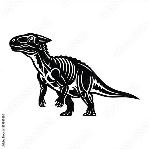 Black silhouette of a dinosaur fossil on isolated white background