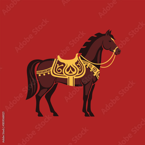 Illustration of a horse with golden saddle.