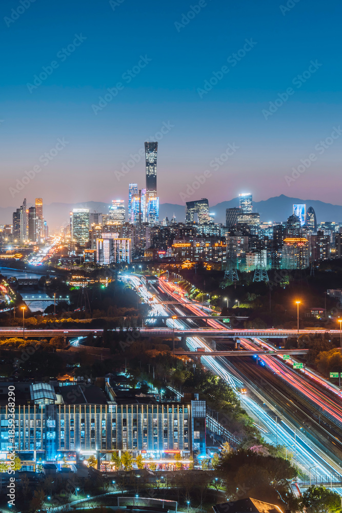 Obraz premium High angle night view of the skyline of CBD in Beijing, China
