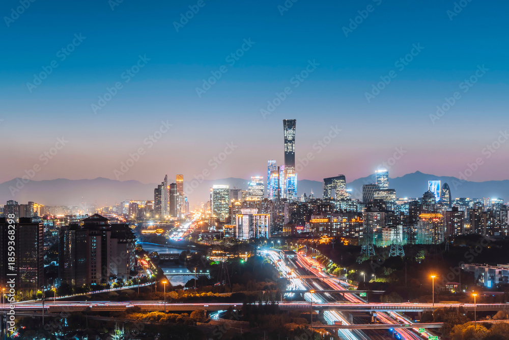 Fototapeta premium High angle night view of the skyline of CBD in Beijing, China