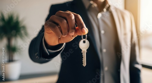 Wallpaper Mural New Beginnings in Real Estate: An agent extends a gleaming key, signifying a new chapter, symbolizing property ownership and the realization of homeownership Torontodigital.ca