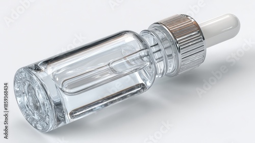 Clear glass dropper bottle with a silver cap, placed on a neutral background, ideal for skincare products