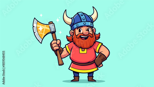 Cartoon Viking Warrior with Axe Ready for Battle.