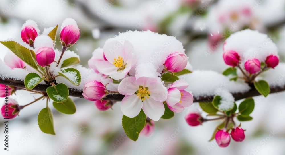 Obraz premium Blooming Branch in Snow: A vibrant display of delicate pink blossoms and buds on a branch, beautifully contrasted against a soft blanket of fresh snow, highlighting the resilience of life in winter.