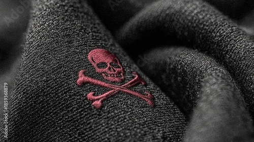 Close-up of a black fabric featuring a red embroidered skull and crossbones logo, showcasing texture