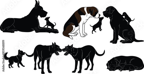 Big dog with puppies, dog family interaction, canine bonding moments, pet care, animal love, puppy cuddles, dog behavior, playful dog