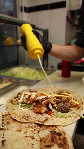 A chef makes shawarma in a café.